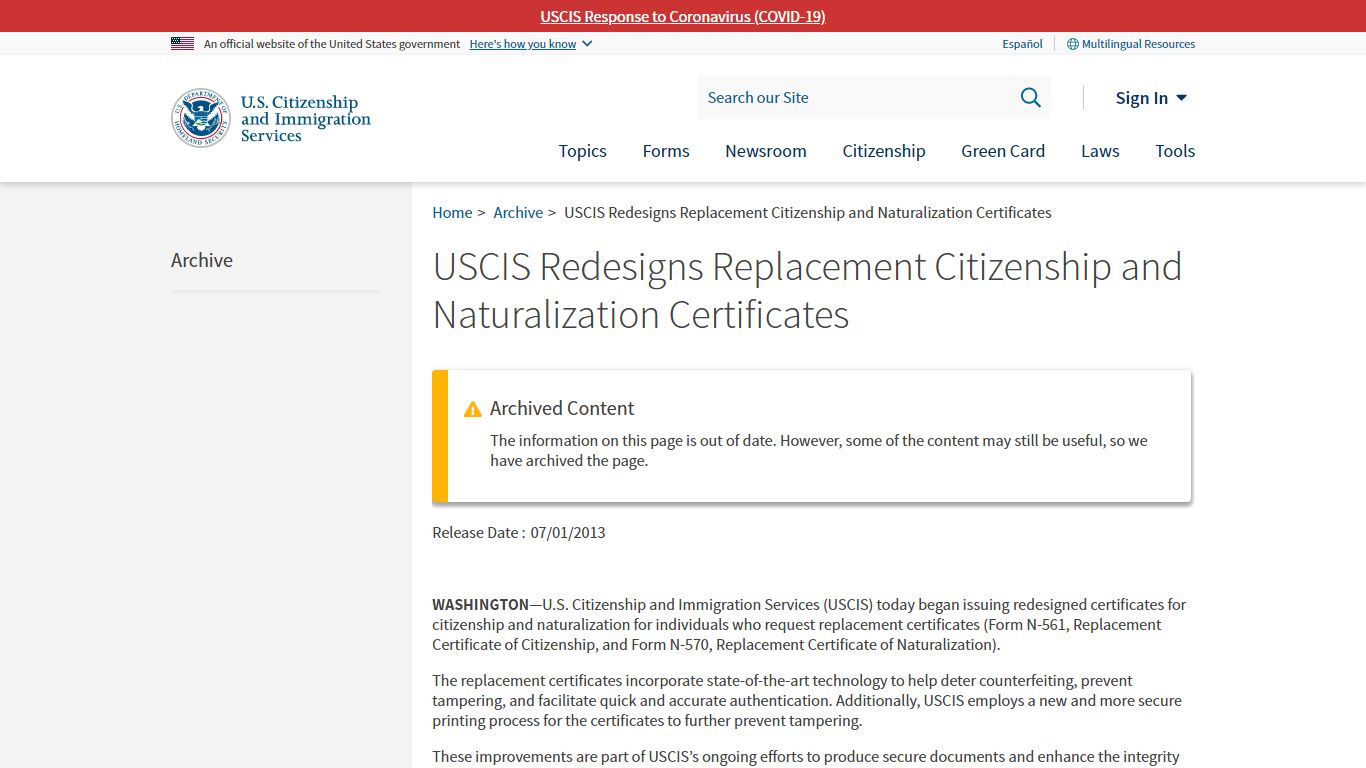 USCIS Redesigns Replacement Citizenship and Naturalization Certificates
